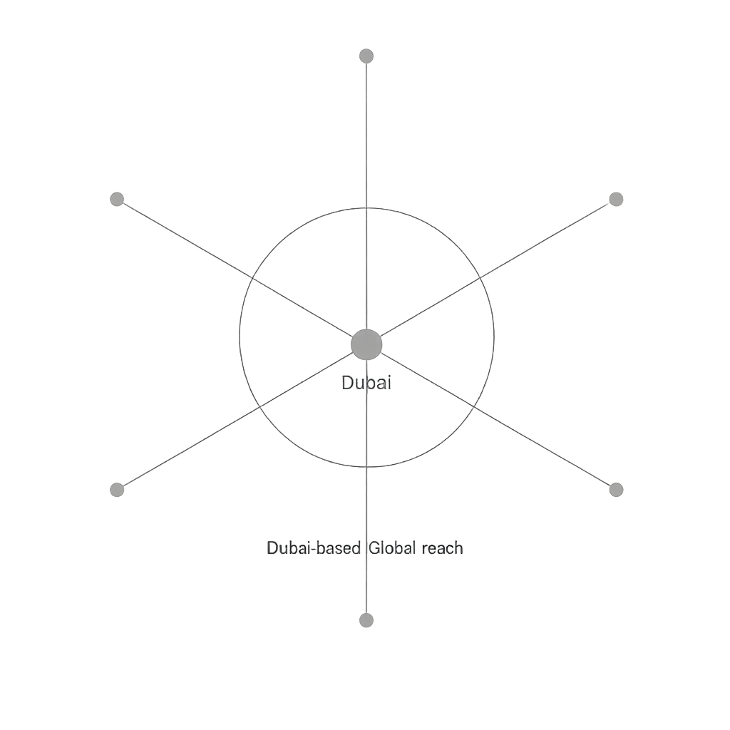 Diagram placeholder: Dubai positioned as the hub of a radial global-reach network, representing the studio's international reach from its Dubai base.